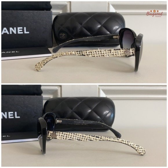 Authentic CHANEL Black Acetate Frame w/ White & Black Tweed CC Sunglasses - 5241 main image 7